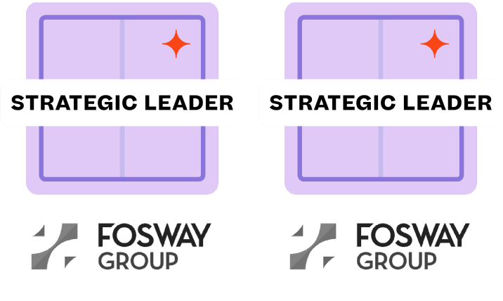 Zwei identische Grafiken, jede mit einem lilafarbenen Badge mit Glanzstern, dem Text „STRATEGIC LEADER“ und dem Logo der Fosway Group.