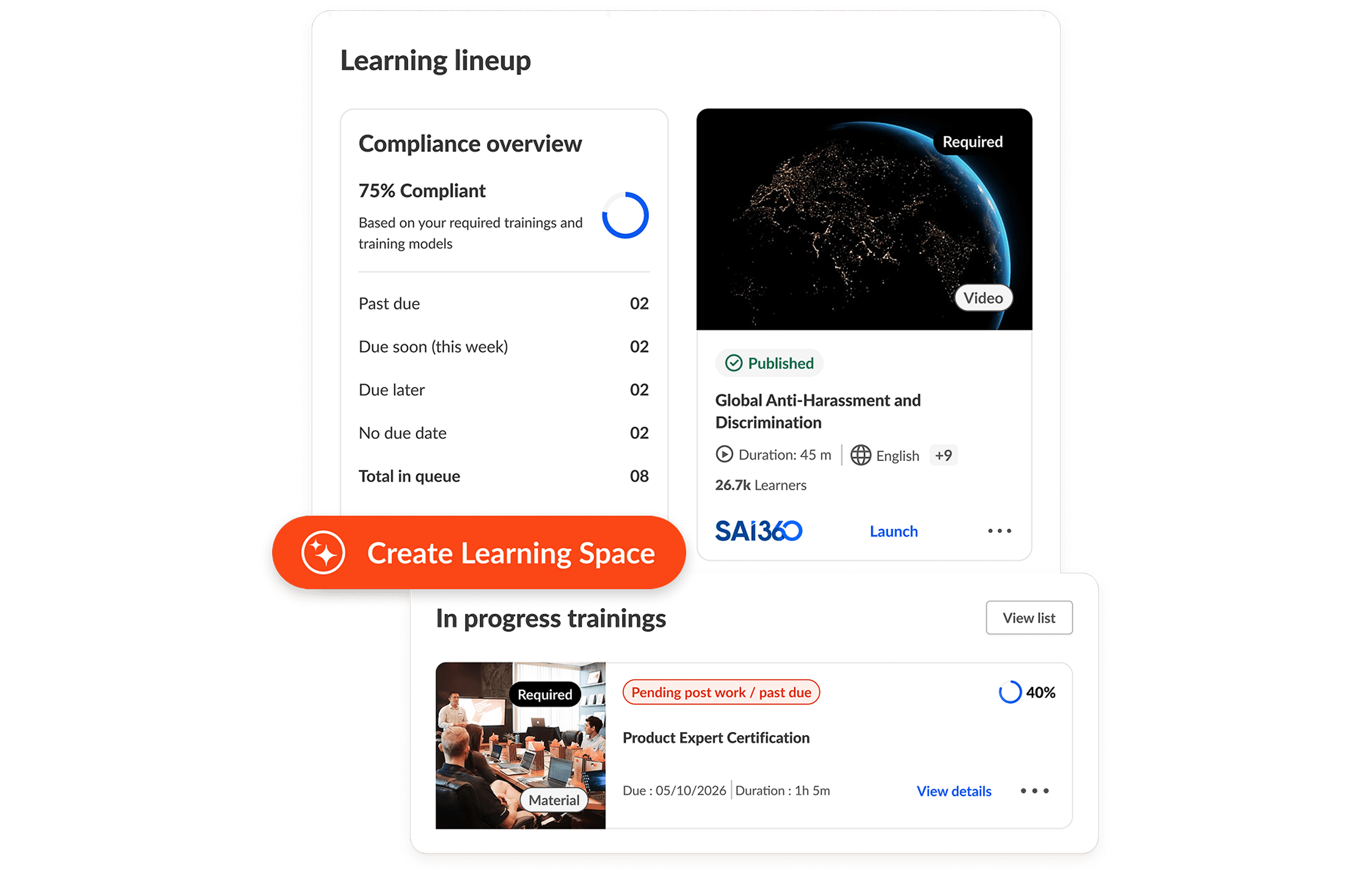 Eine Learning-Plattform-Oberfläche, die einen Compliance-Überblick, verschiedene Trainingsmodule und eine prominente „Lernumgebung erstellen“-Schaltfläche zeigt.