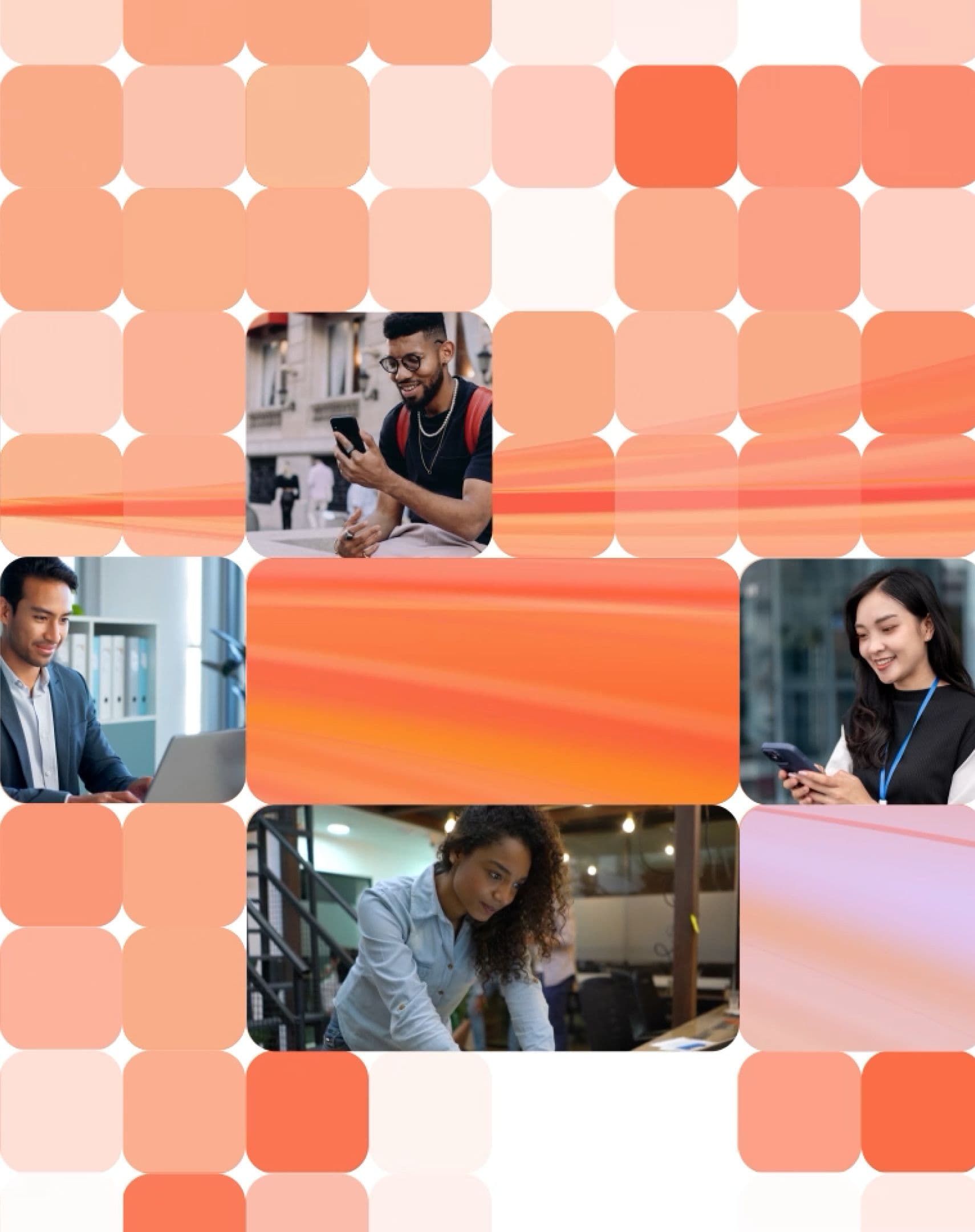 Diverse people using phones and working, integrated into an orange and peach geometric mosaic.