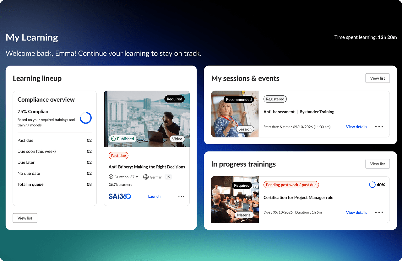 Dashboard de "Meu Aprendizado" para o Emma, com 75% de compliance, um treinamento anticorrupção e antissuborno em atraso, um treinamento de prevenção de assédio registrado e 40% de conclusão para certificação de um gestor de projetos.
